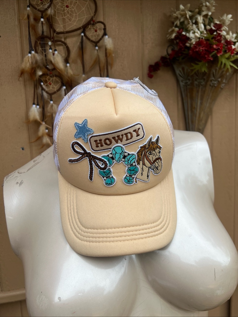 NWT handmade Howdy Trucker Hat Embellished Horse, Horseshoe For Good Luck